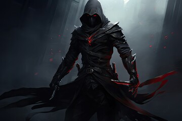 A man clad in a hooded outfit is gripping a sword in his hand. Generative AI