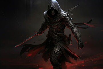Naklejka premium A man in a hooded outfit standing holding a sword. Generative AI