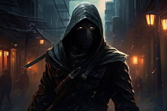 A man dressed in a hooded outfit holding a sword in a secretive and covert manner. Generative AI - Powered by Adobe