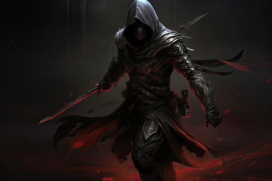 A man in a hooded outfit standing holding a sword. Generative AI