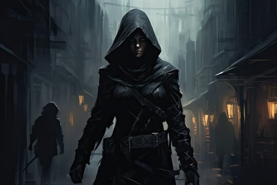 A man in a hooded outfit walking down a street, exuding an air of mystery and stealth. Generative AI - Powered by Adobe