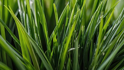 Fototapeta premium Close up of vibrant fresh wheatgrass with dew drops on the leaves