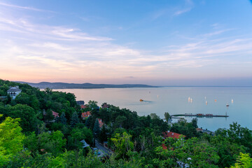 Beautiful lake Balaton view from Tihany with sailboats and sunset