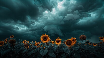 Sunflower in a stormy field for inspirational or nature themed designs