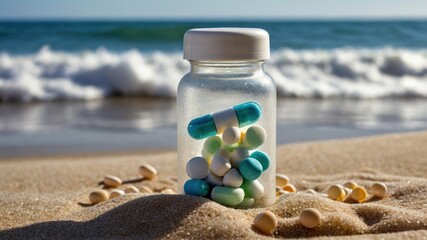 A frosted glass pill bottle full of pills arranged on a sandy beach with waves in the background