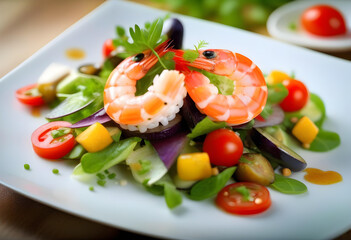 A prawn starter dish with a colorful salad, and tomato garnish in the white plate on a wooden table