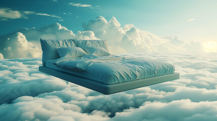 Surreal image of a bed floating among clouds with soft lighting, evoking a sense of dreaminess and comfort in a serene, sky-filled environment.