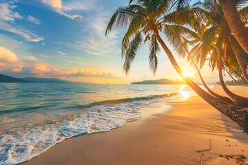 Fototapeta premium Landscape of a sandy beach in Thailand at sunset. Palm trees, sand, sea. View from the shore.