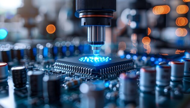 close-up of a computer chip being inspected under a microscope. The chip is glowing blue and there are many other electronic components on the circuit board.