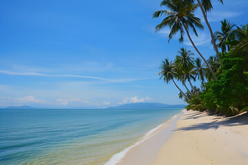 Sunny Beach in Thailand. Palm trees, sea, sand. Landscape view from the shore.