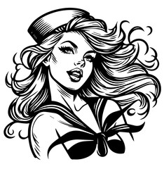 sailor pinup girl, beauty sailor woman vintage style black and white vector with transparent background, silhouette sketch illustration, decorative comic character shape laser cutting engraving print