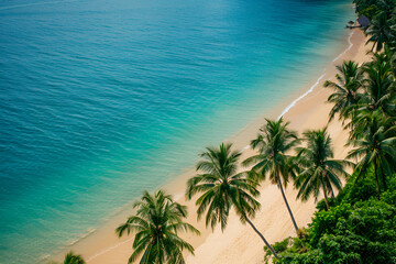 Sandy beach in Thailand. Palm trees, sea, sand. Bird's eye view.