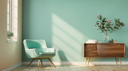 Minimalistic Room with Teal Accent Wall and Elegant Furniture, Bright and Airy Interior, Ideal for Contemporary Home Design and Comfort