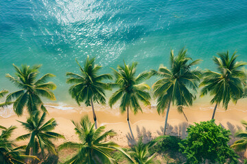 Sandy beach in Thailand. Palm trees, sea, sand. Bird's eye view.