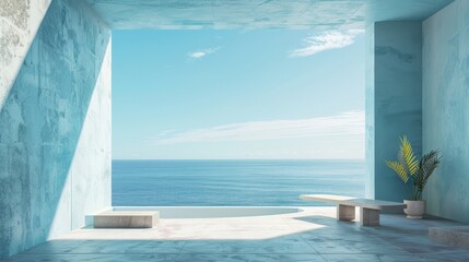 Fototapeta premium Minimalistic Room with Teal Accent Wall and Ocean View, Elegant Decor, Bright and Airy Interior, Ideal for Contemporary Home Design and Relaxation
