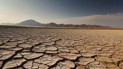 A desolate landscape of dry and cracked earth stretches toward distant mountains