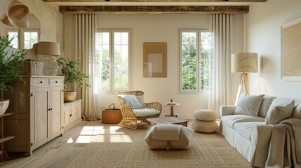 Fototapeta premium Minimalistic Living Room with Light Beige Decor and Elegant Furniture, Bright and Airy Interior, Ideal for Contemporary Home Design and Comfort