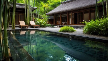 Fototapeta premium A secluded hot spring resort surrounded by lush bamboo.