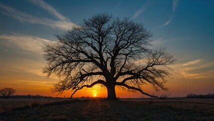 Fototapeta premium A stark leafless tree silhouette stands tall against a stunning sunset sky.