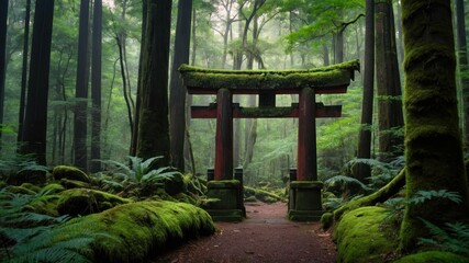 Fototapeta premium A moss covered torii gate hidden within a dense forest Tranquil and picturesque scene