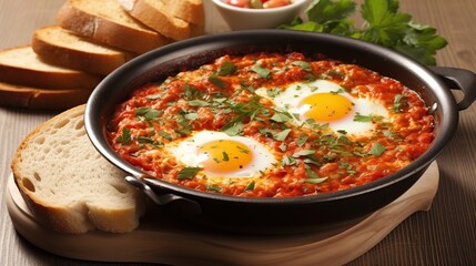Eggs in Purgatory healthy Italian Shakshuka closeup on the skillet on the wooden table. Horizontal