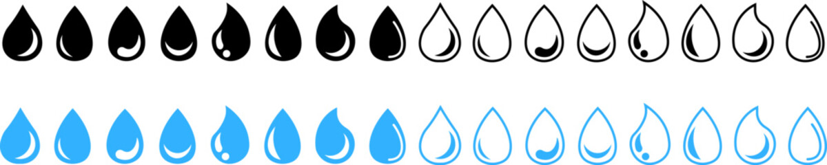 Water drop shape icon. Set of water or rain drop shape icons. Flat outline. Vector illustration