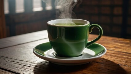 Obraz premium A steaming cup of green tea on a wooden table against a dark background