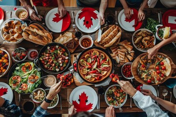 A group of people in Canada enjoying traditional Canadian cuisine from various cultures during a festive dinner table