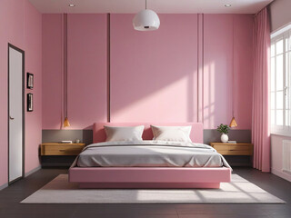 Realistic front view pink Bed room interior design, pink wall and gray bed, 3d render, v-ray, hyper-realistic
