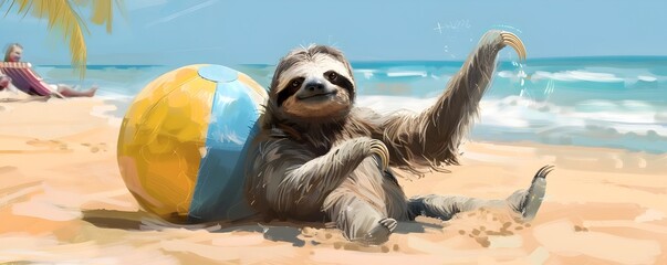 Obraz premium Sloth Gently Nudging Beach Ball on Tropical Sandy Shore