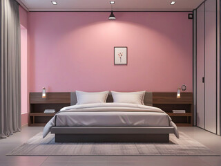 Realistic front view pink Bed room interior design, pink wall and gray bed, 3d render, v-ray, hyper-realistic