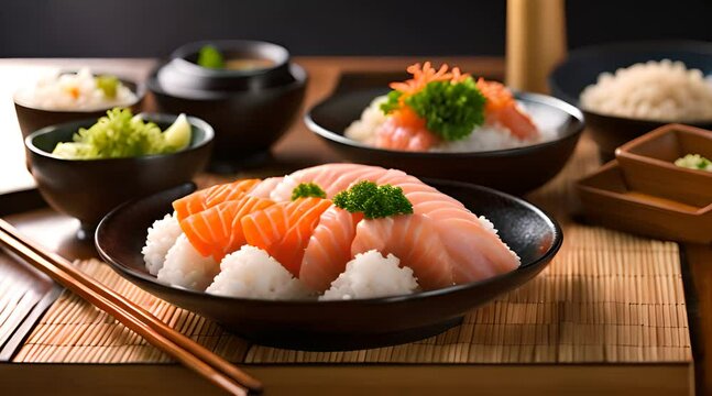 Captivating Composition of Sashimi, Ebi, and Japanese Rice, Celebrating Clean Food.
