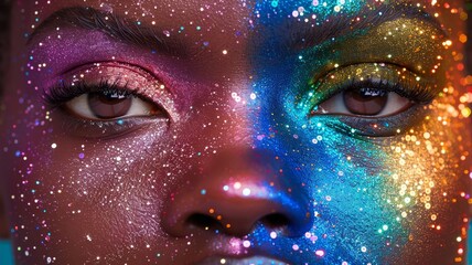 Faces Painted with Pride Colors, Closeup portraits with rainbow makeup and glitter. High-Resolution.