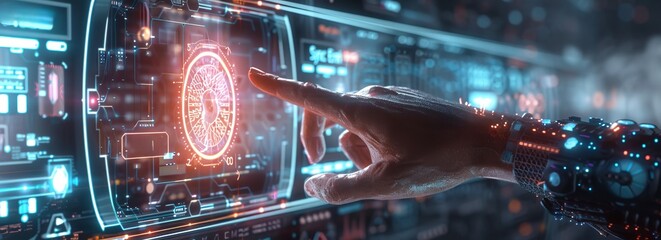 hand touching a futuristic screen with a map and data.