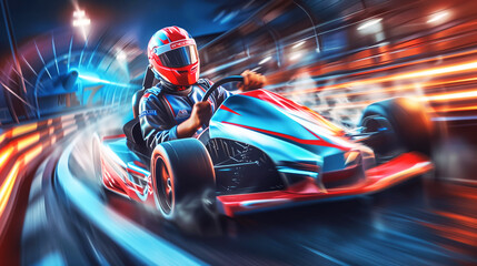 Dynamic scene of a go-kart racer speeding around a track at night, showcasing intense motion and vibrant lighting effects. The racer is wearing a helmet and racing suit.