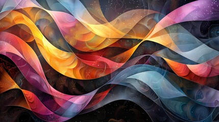 Abstract composition of colorful waves of finely patterned flowing ribbons