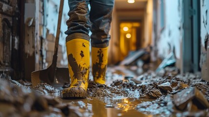 In a professional scene post-flood, a person in protective gear diligently cleans a muddy and debris-filled house, scrubbing the floor with heavy-duty tools to restore cleanliness and order