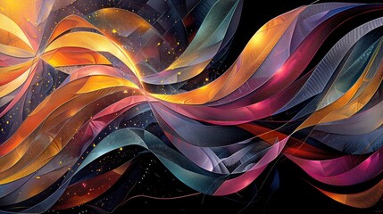 Abstract composition of colorful waves of finely patterned flowing ribbons