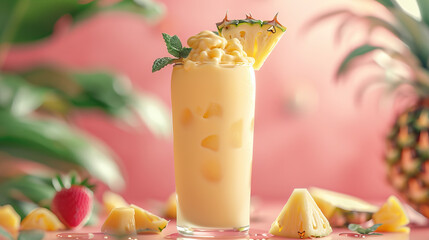 pineapple milkshake smoothie in a glass with chunks of fruit  , milk drink concept for brochures , menu card , business , cafes and restaurants advertisements  Background with copy space, 3d rendering