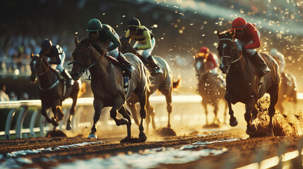Dynamic horse race in action with jockeys in colorful uniforms riding their horses on a track, with dirt and dust flying under the golden sunlight.