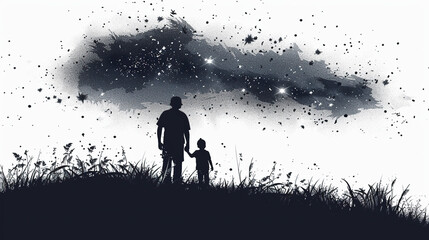 black silhouette of father with his kid holding hands in stars night background , fathers day , parents day, family card, space for text 
