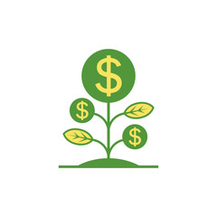 Green money tree. Plant and flower with leaves and coins with currency symbol. Color vector illustration on a white background.
