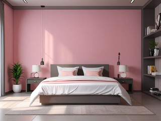 Realistic front view pink Bed room interior design, pink wall and gray bed, 3d render, v-ray, hyper-realistic