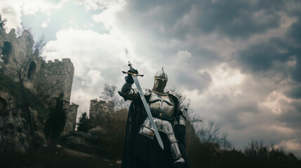 Fototapeta premium A medieval knight in full armor stands wielding a sword in front of an ancient stone castle. The overcast sky adds a dramatic atmosphere to the scene.