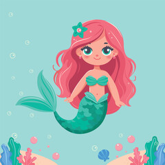 Obraz na płótnie Canvas Illustration of a Beautiful mermaid girl with beautiful eyes and red hair. Vector Illustration. Flat style