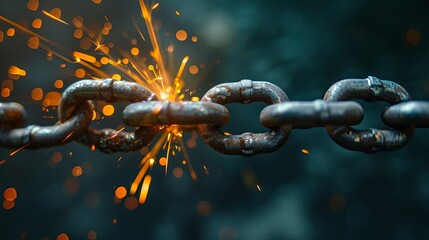 Metal chain breaks at the weakest link, with sparks flying