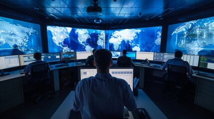 Create an image of a state-of-the-art data analytics center, where analysts leverage big data algorithms to extract insights from vast volumes of maritime data for strategic decision-making