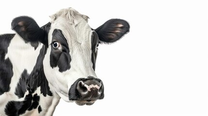 a majestic Holstein cow standing sideways on a pure white studio background, 