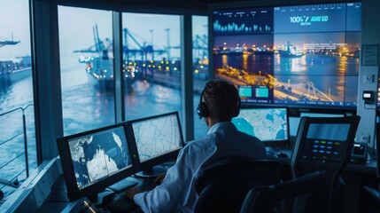 Capture the high-tech control center of a port management system, with operators monitoring ship movements on large screens displaying real-time data feeds from RFID and GPS technologies 