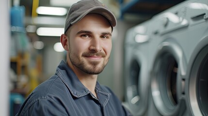 Male washing machine repairman smiles warmly and a washing machine is visible in the background